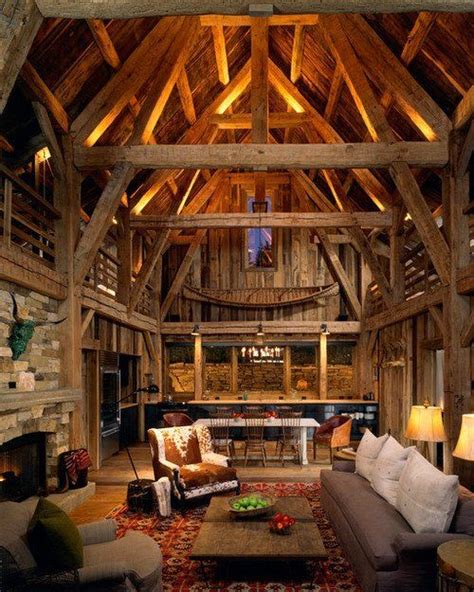 Cabin Interior With Wooden Beams And A High Ceiling Living Room Barn
