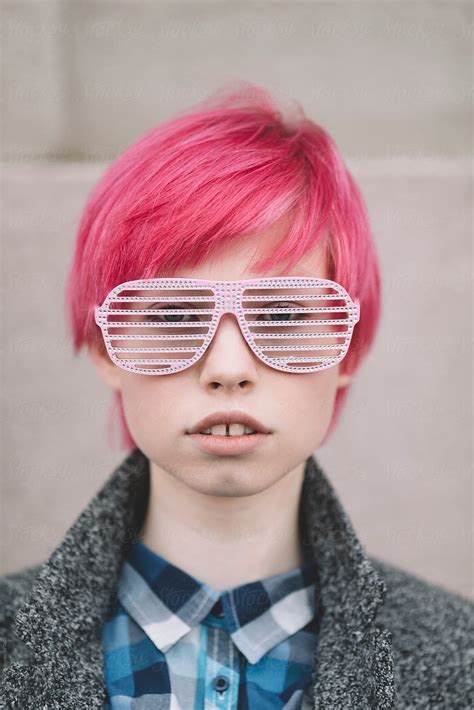Portrait Of The Girl With Pink Hair And Party Glasses Del