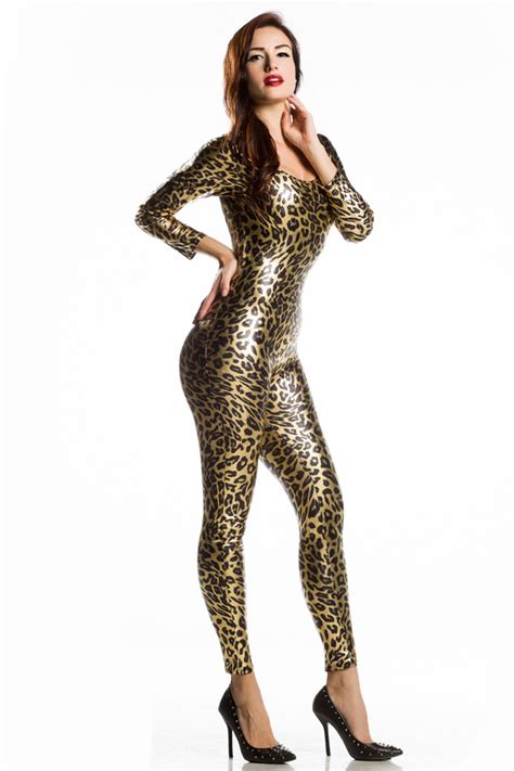 Fashion Sexy Gothic Punk Gold Leopard Print Metallic Catsuit Bodysuit Jumpsuit Ebay