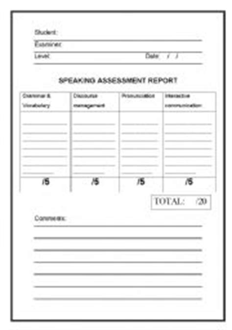 It is 12 to 15 minutes long and consists of three parts. Speaking assessment report - ESL worksheet by ramon.moravski