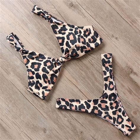 2019 Sexy Leopard Thongs Bikini Off Shoulder Swimwear Women Bandage