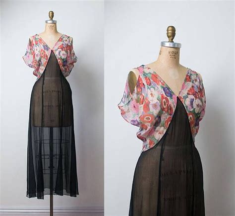1930s Chiffon Dress 30s Sheer Floral Print Gown Floral Print Gowns