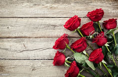 Valentines Day Red Roses Bouquet On Old Rustic Wood ...