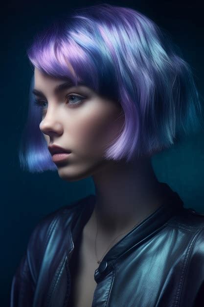 Premium Ai Image A Woman With Purple Hair And Blue Eyes Looks Into The Camera