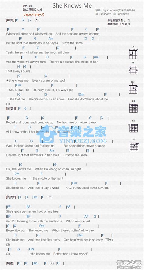 She Knows Me吉他谱 - Bryan Adams - C调吉他弹唱谱 - 和弦谱 - 琴谱网