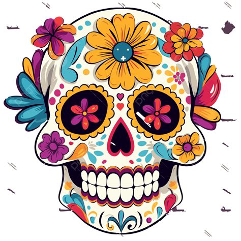 Dia De Los Muertos Flower Clipart Sugar Skull On Dark Background With Colors Of Flowers Cartoon