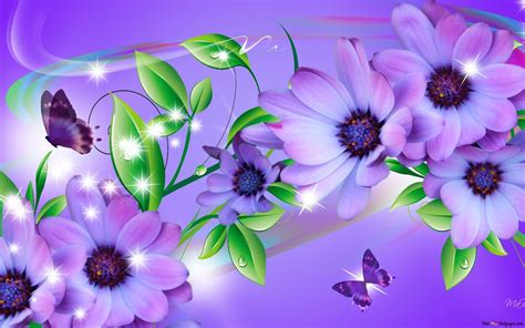 Purple Daisies And Butterflies Hd Wallpaper Download