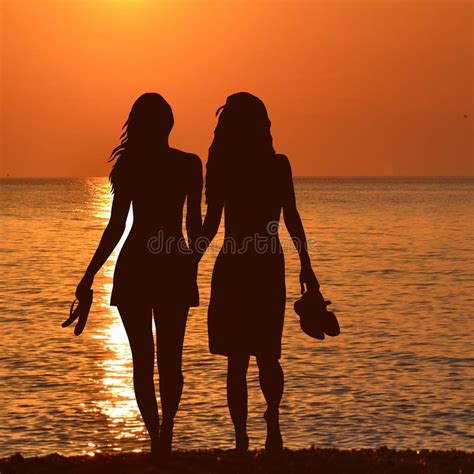 Silhouette Of Two Lesbian Girls On The Beach In Sunset Stock Illustration Illustration Of