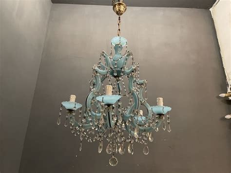 Turquoise Opaline Murano Glass Crystal Chandelier For Sale At Pamono