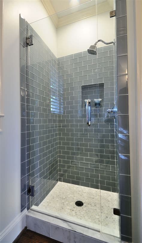 Simple Grey Glass Subway Tile Shower With White Grout Bathroom Remodel Master Remodel Bedroom