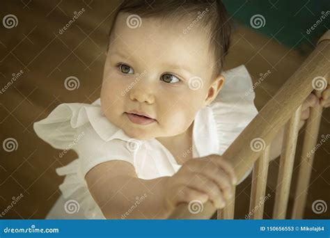 Little Baby Girl Holding Onto The Top Of Safety Gate Stock Image