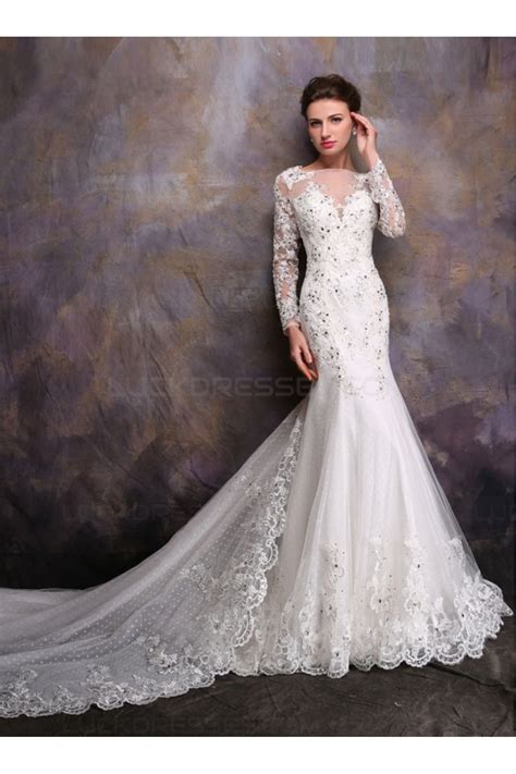 Long Sleeves Crystal Mermaid Lace Wedding Dresses Bridal Gowns