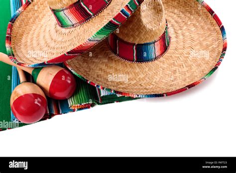 Traditional Mexican Serape Blanket Or Rug With Sombreros And Maracas