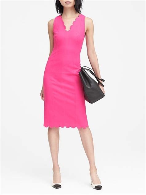 Banana Republic Womens Scalloped Bi Stretch Sheath Dress Hot Bright Pink Refined Clothing