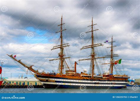 Old Sailing Ship Frigate Anchored In Port Area Of Reykjavik Editorial