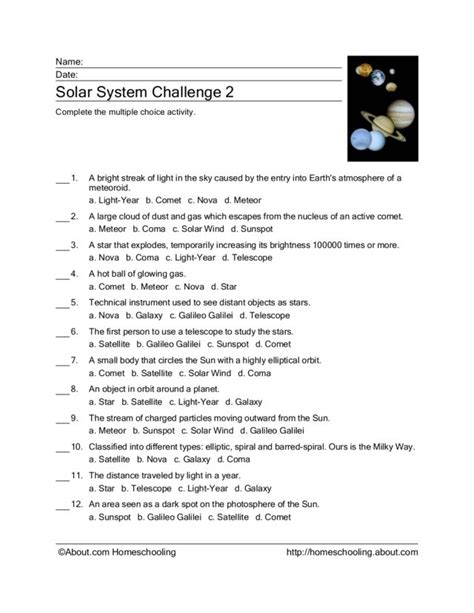 Solar System Multiple Choice Activity Worksheet For 3rd 4th Grade