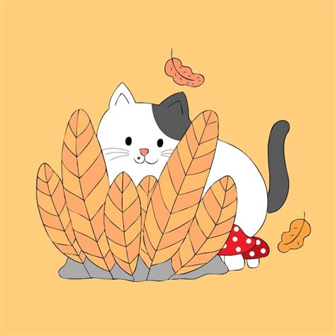 Premium Vector Cartoon Cute Autumn Cat Behind Bush Vector