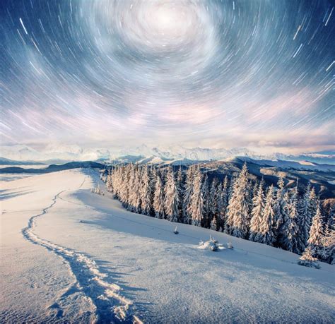 Starry Sky In Winter Snowy Night Fantastic Milky Way In The New Year S