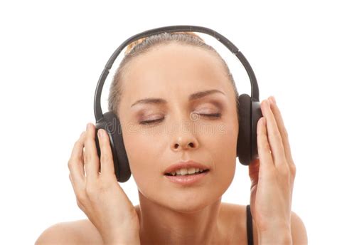 Woman Listening Music With Headphones On White Stock Image Image Of