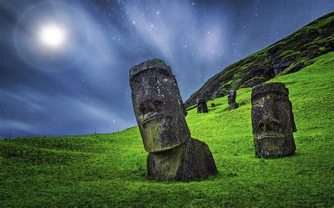 Enigma Nature Landscape Moai Sculpture Starry Night Grass