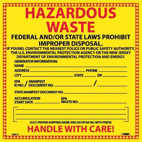Nmc Hw Hazardous Waste New Jersey Label X