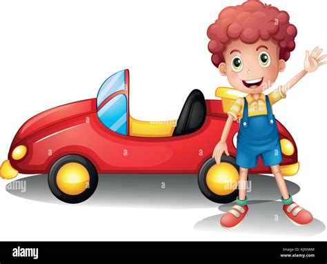 Illustration Of A Young Boy In Front Of A Red Car On A White Background