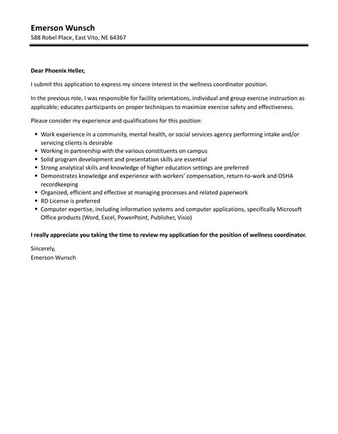 Wellness Coordinator Cover Letter | Velvet Jobs