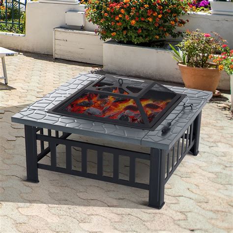 Outsunny Square Fire Fit 32" Outdoor Steel Firepit Backyard Patio