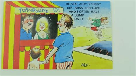 1960s Risque Comic Vintage Postcard Blonde Big Boobs Trampoline