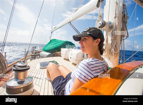 Woman Relaxing On Boat Stock Photo Alamy