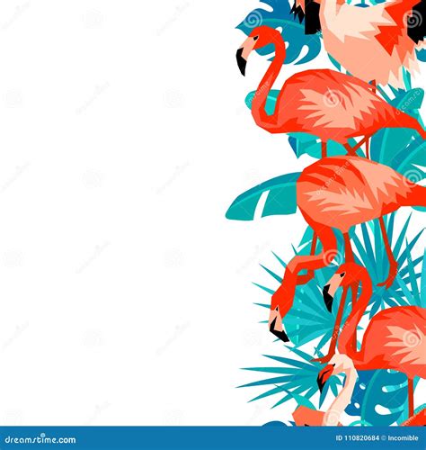 Seamless Border With Flamingo Tropical Bright Abstract Birds And Palm