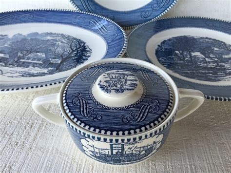 Vintage Blue And White Currier And Ives Dishes Mid Century Etsy