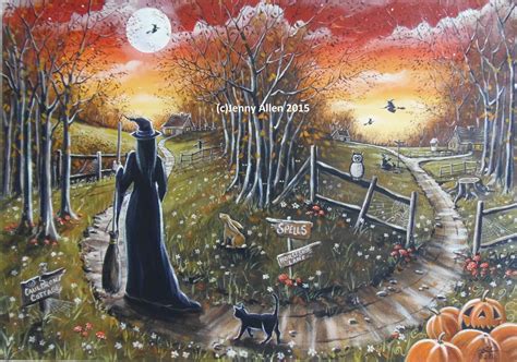 Ooak Original Painting Acrylic On Canvas Halloween Witch Wicca Fall