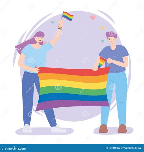comunidad lgbtq feliz hombre y mujer con bandera arco iris celebrando desfile gay por la