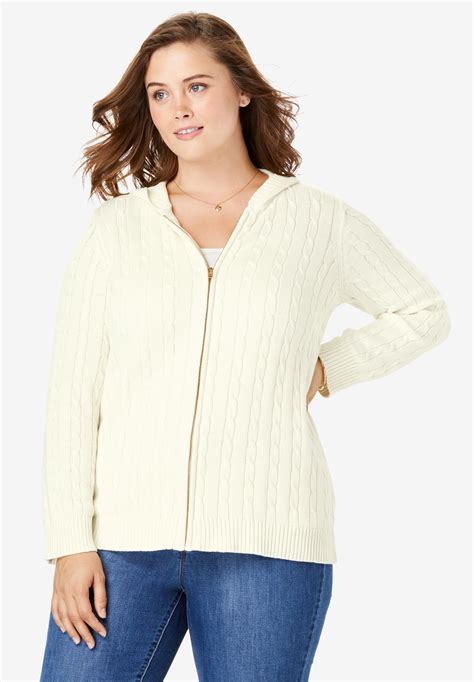 Hooded Cable Knit Zip Front Cardigan Plus Size Tops Woman Within