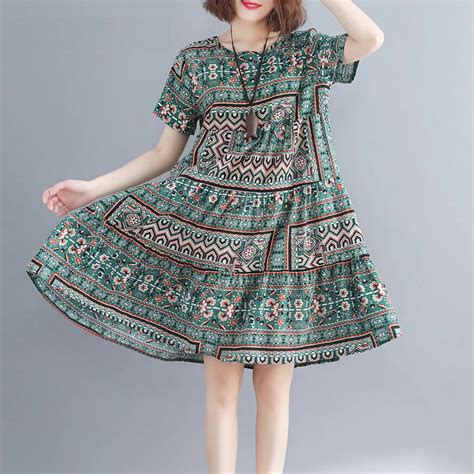 Women Cotton Plus Size Loose Print Dress Boho Casual Dress Power Day Sale