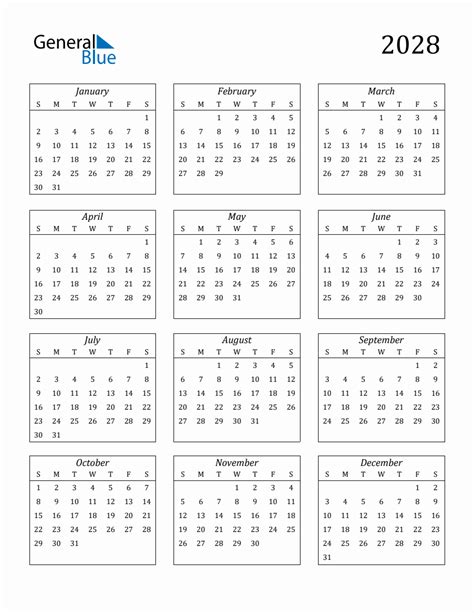 2028 Blank Yearly Calendar Printable