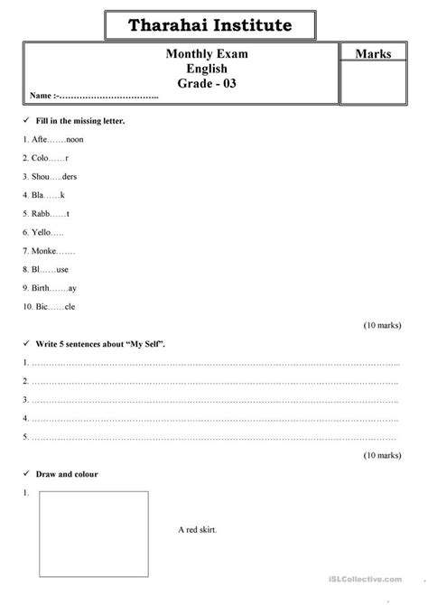 grade  english monthly exam paper english esl worksheets db excelcom