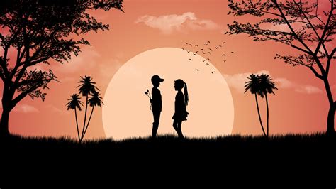 Download 2560x1440 Couple Sunset Romance Trees Silhouette
