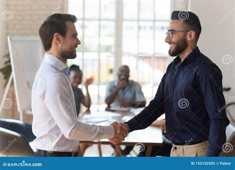 Happy Proud Boss Manager Handshake Promote Congratulate Successful