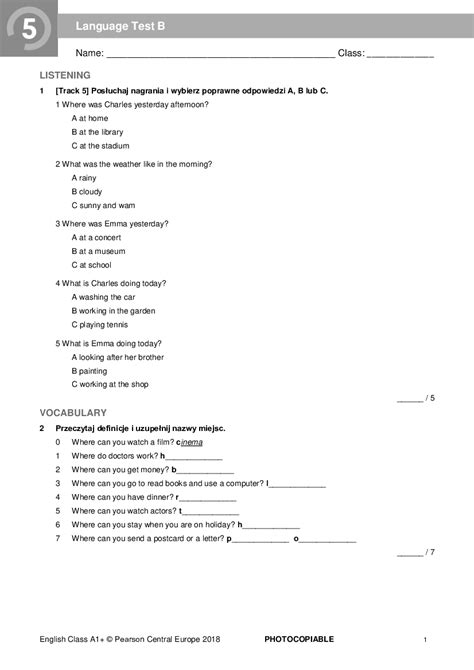 English Class A1 Testy Pdf - A1+ unit 5 sprawdzian - Pobierz pdf z Docer.pl