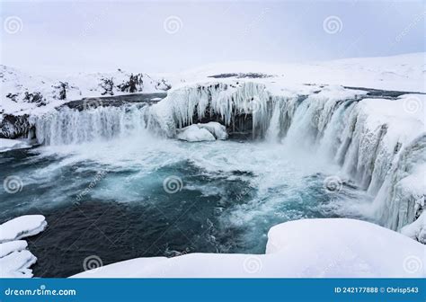 Panorama Of Godafoss Waterfall Iceland Partially Frozen In Winter