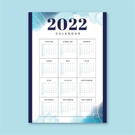 Free Vector Watercolor 2022 Calendar Template