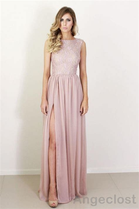 2017 Blush Pink Lace Bridesmaid Dresses Long High Slits Floor Length