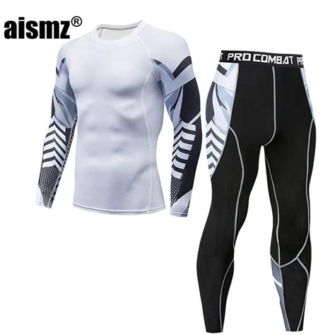 aismz men thermal underwear suits sets printing compression fleece sweat quick drying thermo