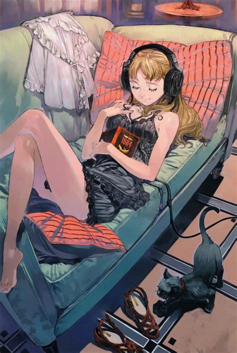 Anime Girl Headphones Cat Animal Book Mood