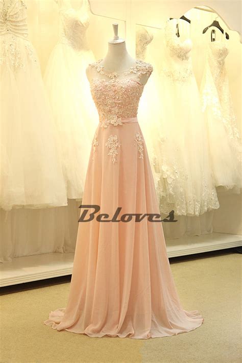 Pearl Pink Chiffon Long Prom Dress With Beaded Lace Appliques Bodice