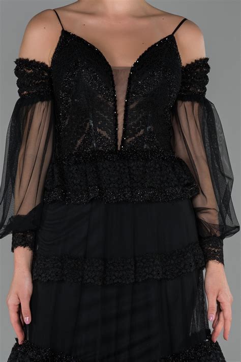 Siyah Uzun Kol Transparan Dantel Tül Abiye Elbise ABU1781 Abiyefon com