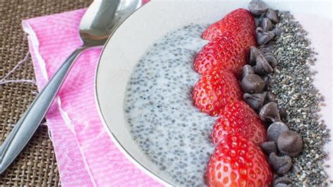 Chia Seed Smoothie Bowl With Chocolate Chips And Fresh Strawberries