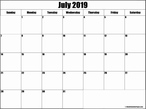 Blank July 2019 Calendar Template Editable Printable In Pdf Word Excel
